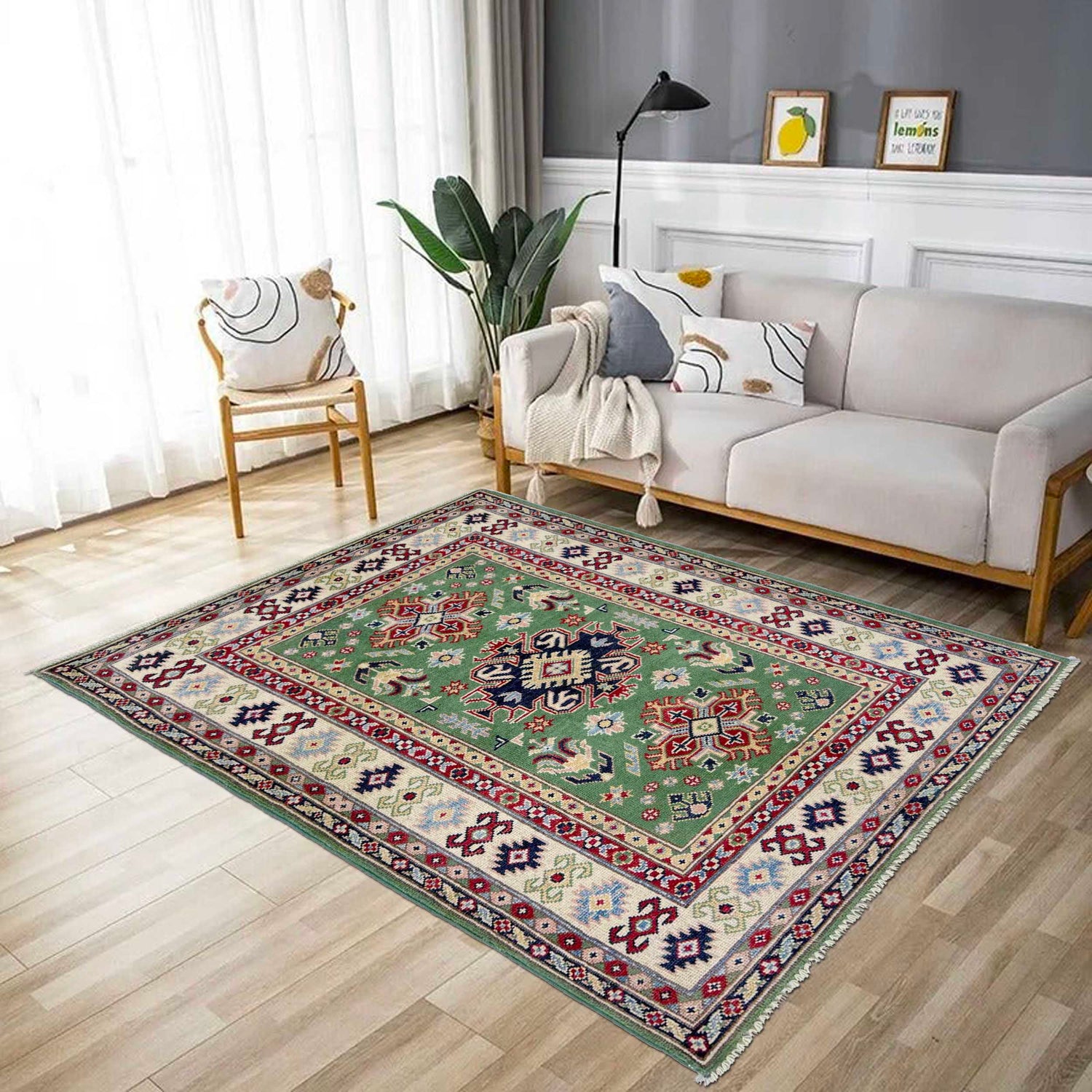 Kazak Rug Handmade Green Medallion 3x5 ft