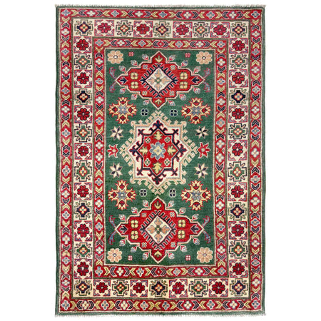 Kazak Rug Handmade Green Medallion 3x5 ft