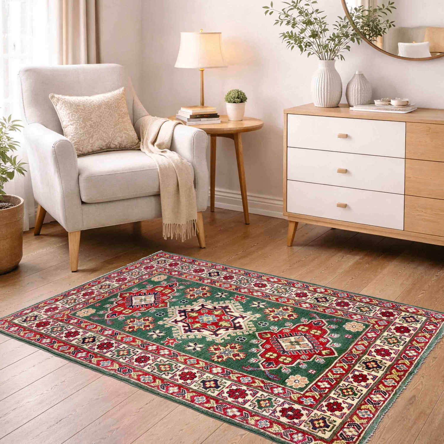 Kazak Rug Handmade Green Medallion 3x5 ft
