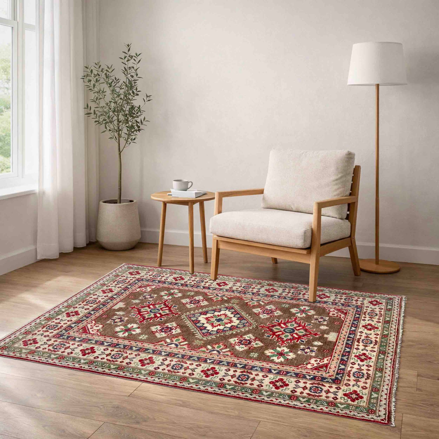 Kazak Rug Handmade Brown Medallion 3x5 ft