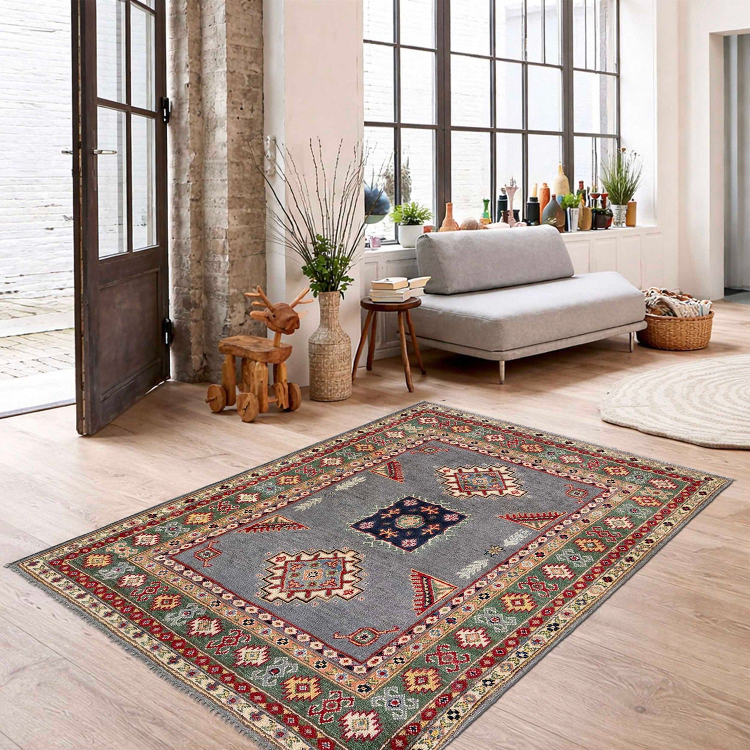Kazak Rug Handmade Gray Medallion 3x5 ft