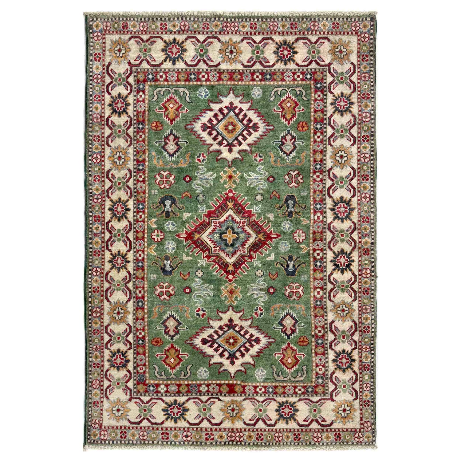 Kazak Rug Handmade Green Medallion 3x5 ft