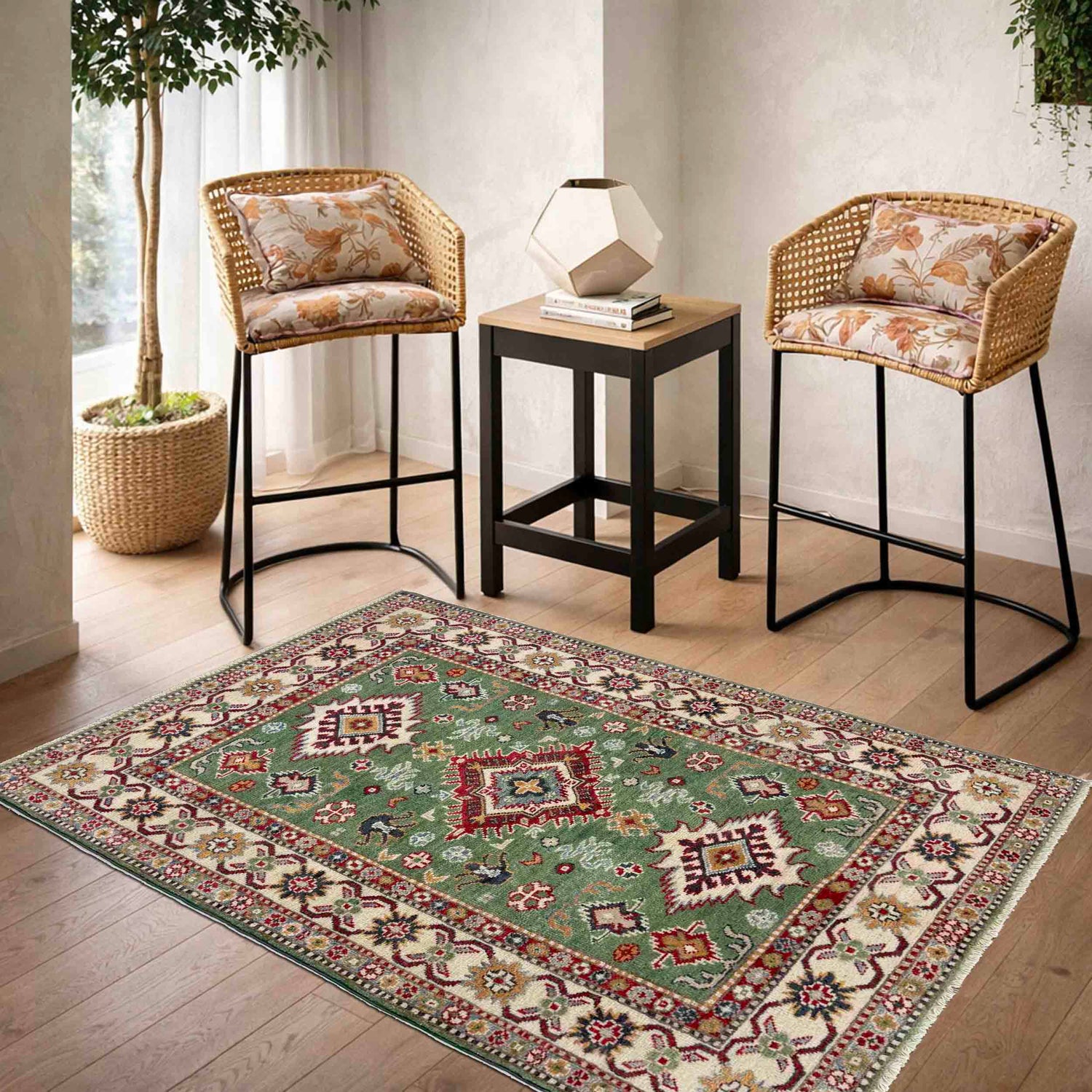 Kazak Rug Handmade Green Medallion 3x5 ft
