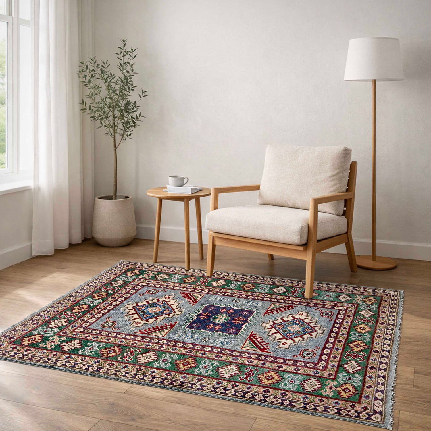 Kazak Rug Handmade Gray Medallion 3x5 ft