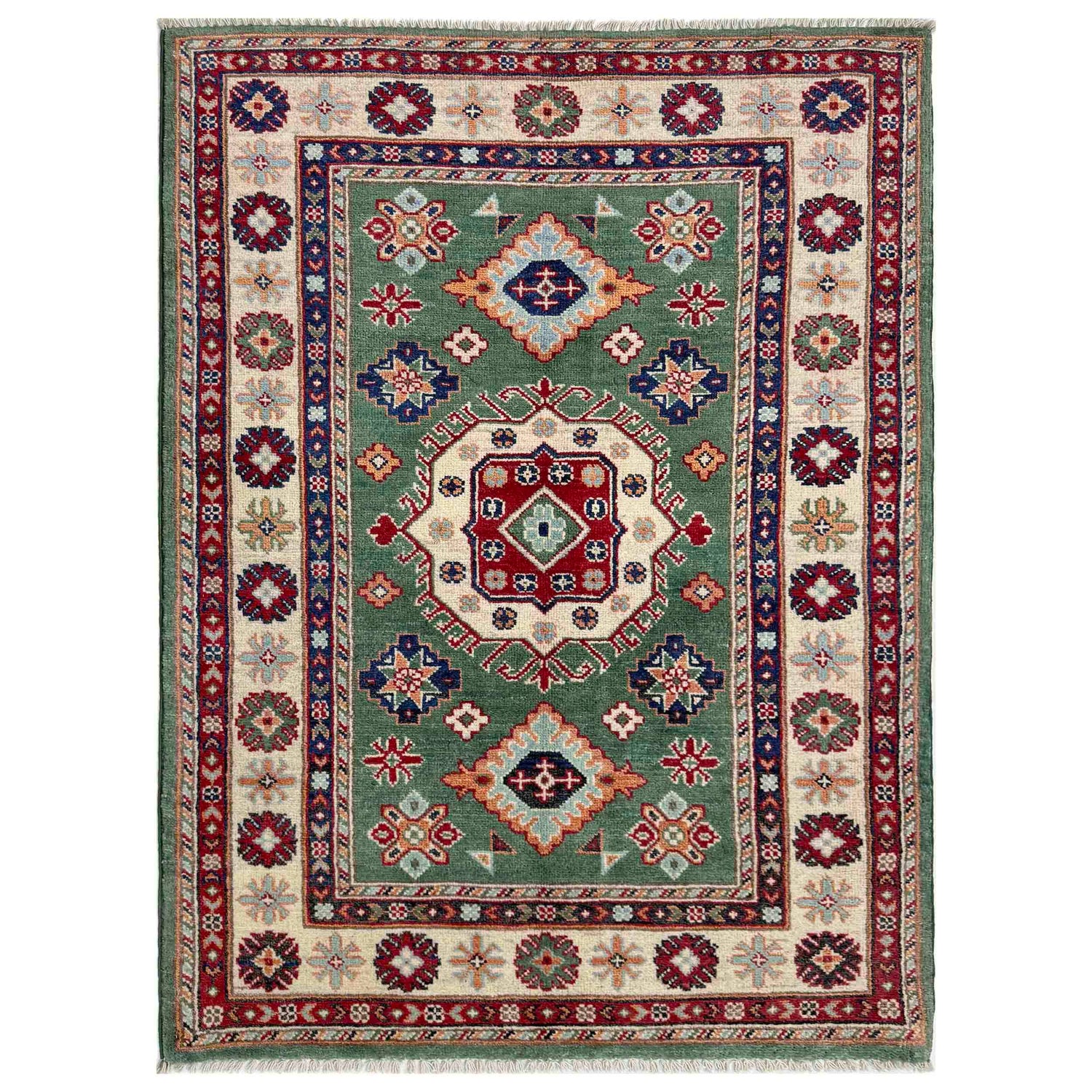 Kazak Rug Handmade Green Medallion 3x5 ft