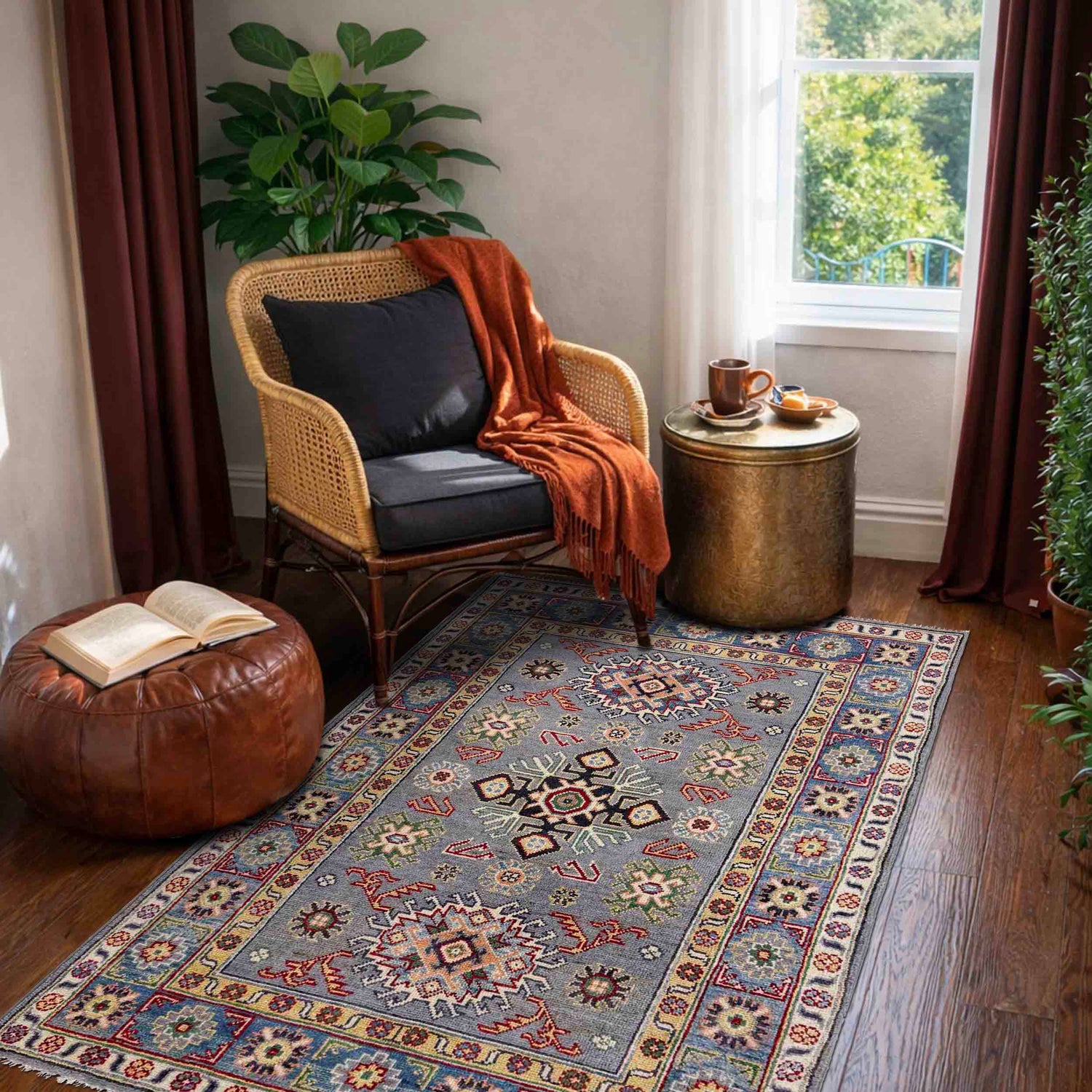Kazak Rug Handmade Gray Medallion 3x5 ft