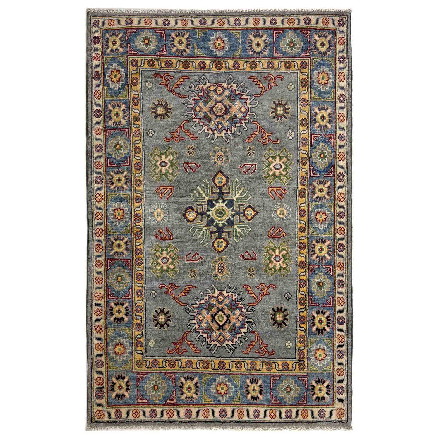 Kazak Rug Handmade Gray Medallion 3x5 ft