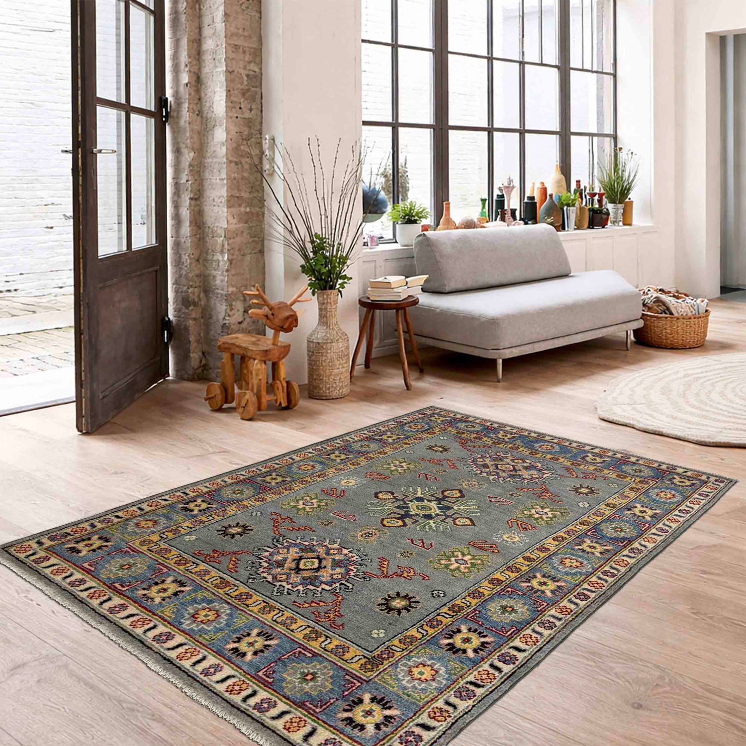 Kazak Rug Handmade Gray Medallion 3x5 ft