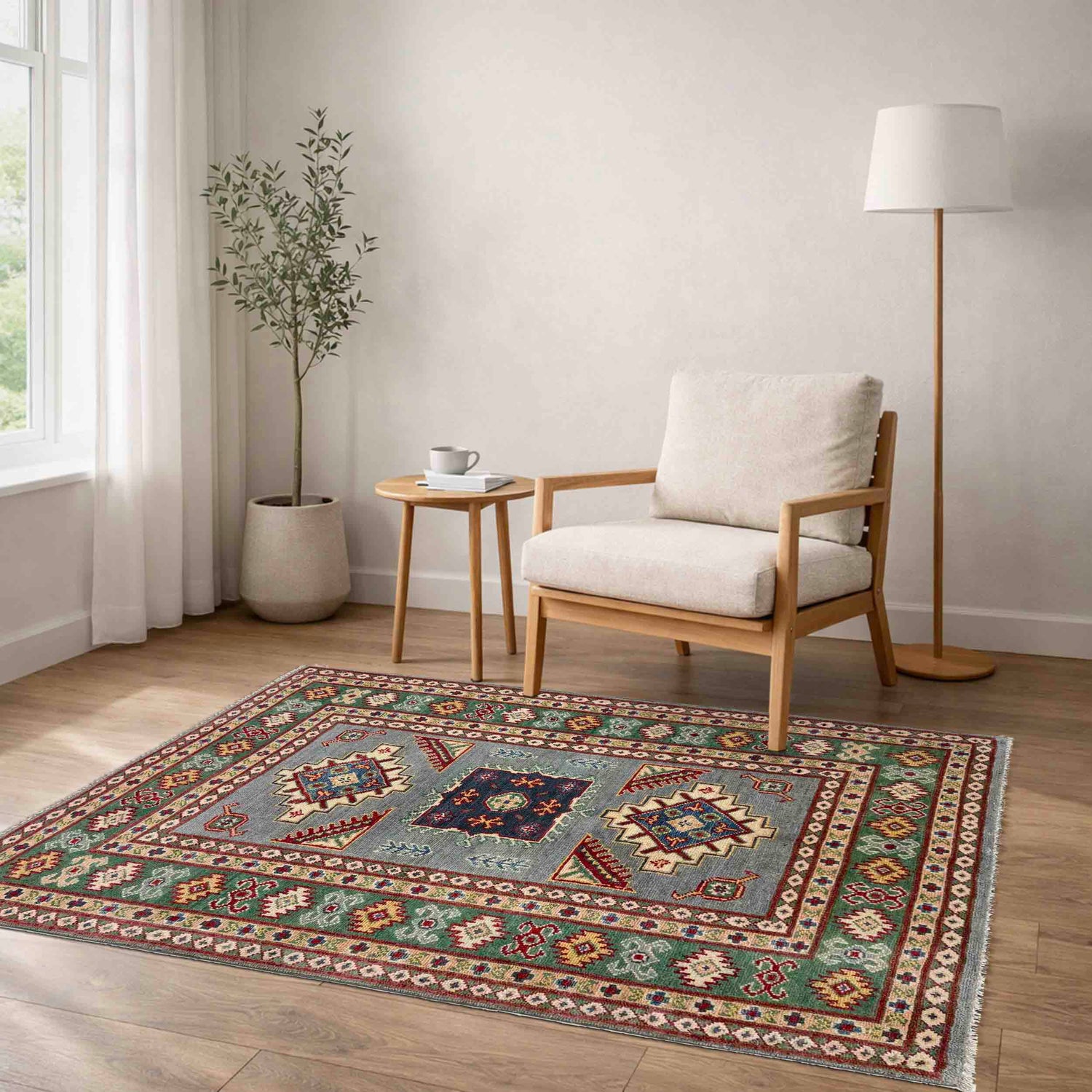 Kazak Rug Handmade Gray Medallion 3x5 ft