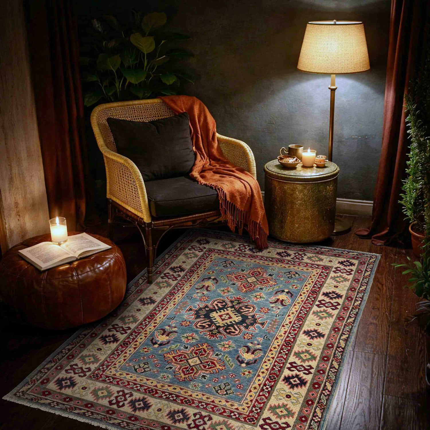 Kazak Rug Handmade Blue Medallion 3x5 ft