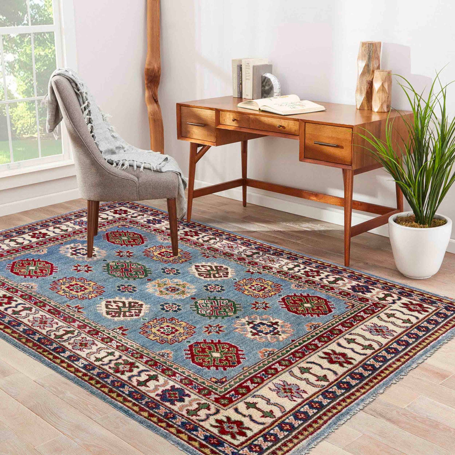 Kazak Rug Handmade Blue Medallion 3x5 ft