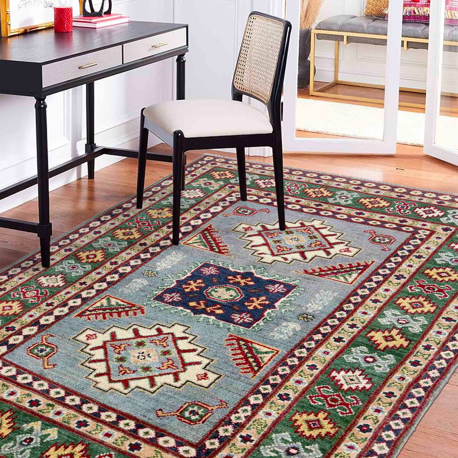 Kazak Rug Handmade Gray Medallion 3x5 ft
