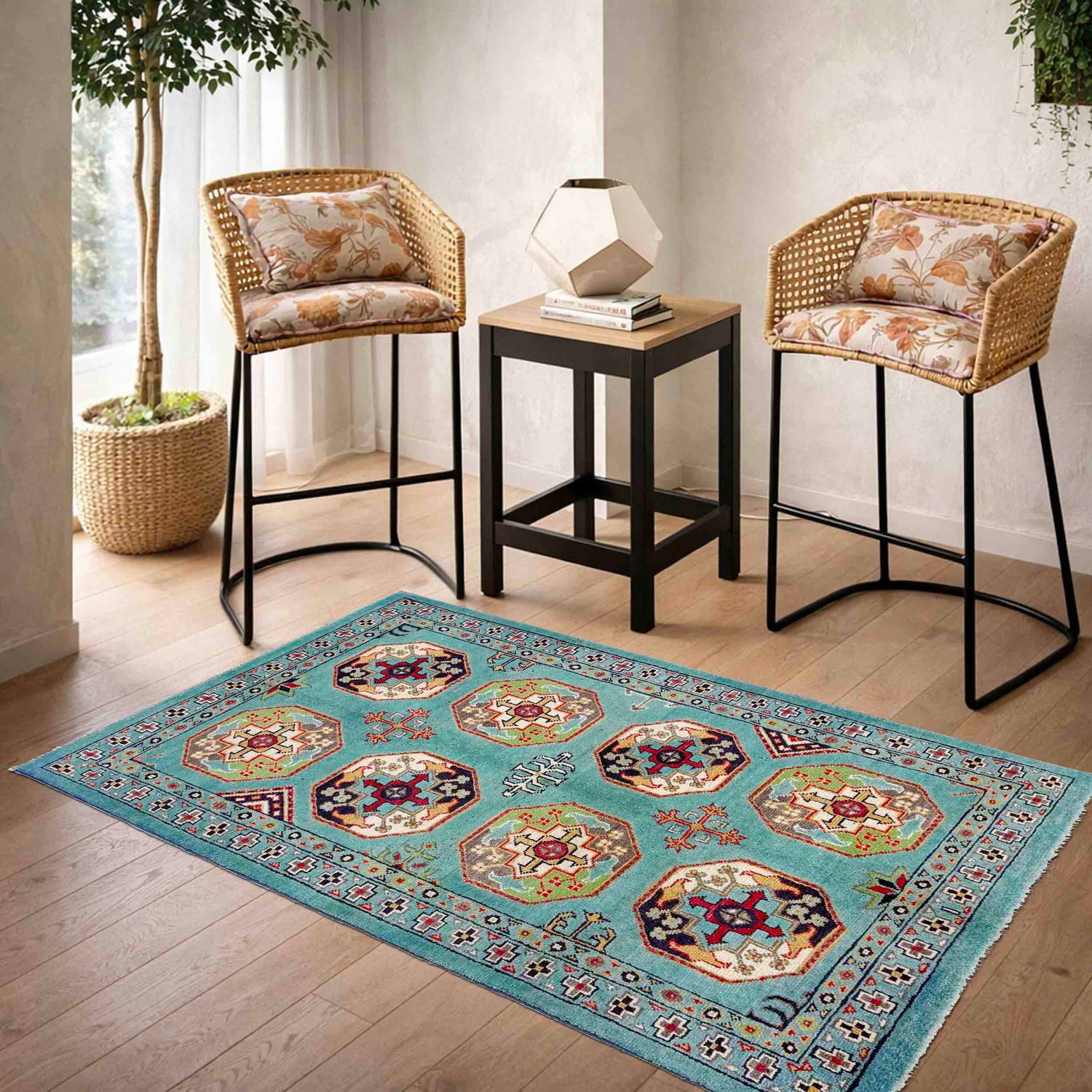 Waziri Area Rug Handmade Blue Medallion 3x5 ft