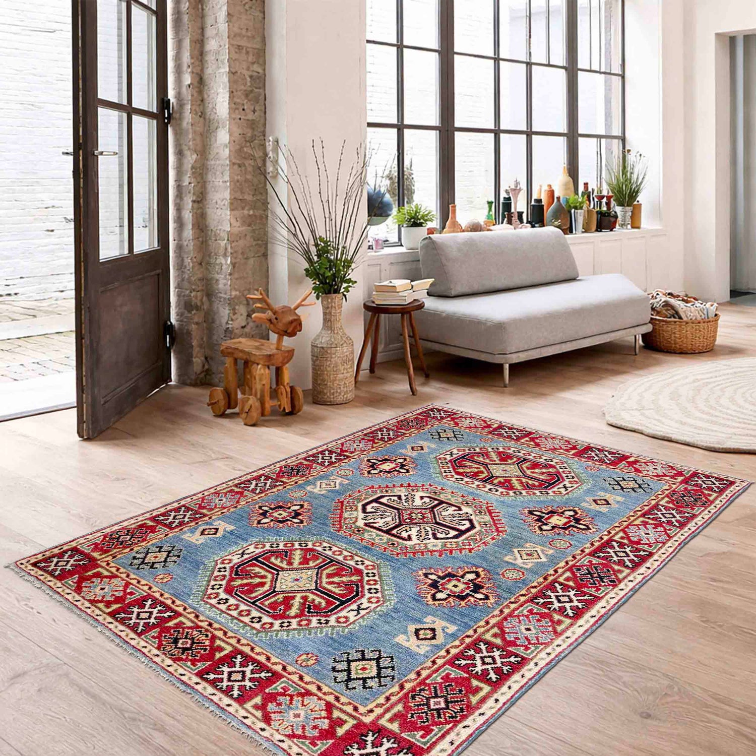 Kazak Rug Handmade Blue Medallion 3x5 ft