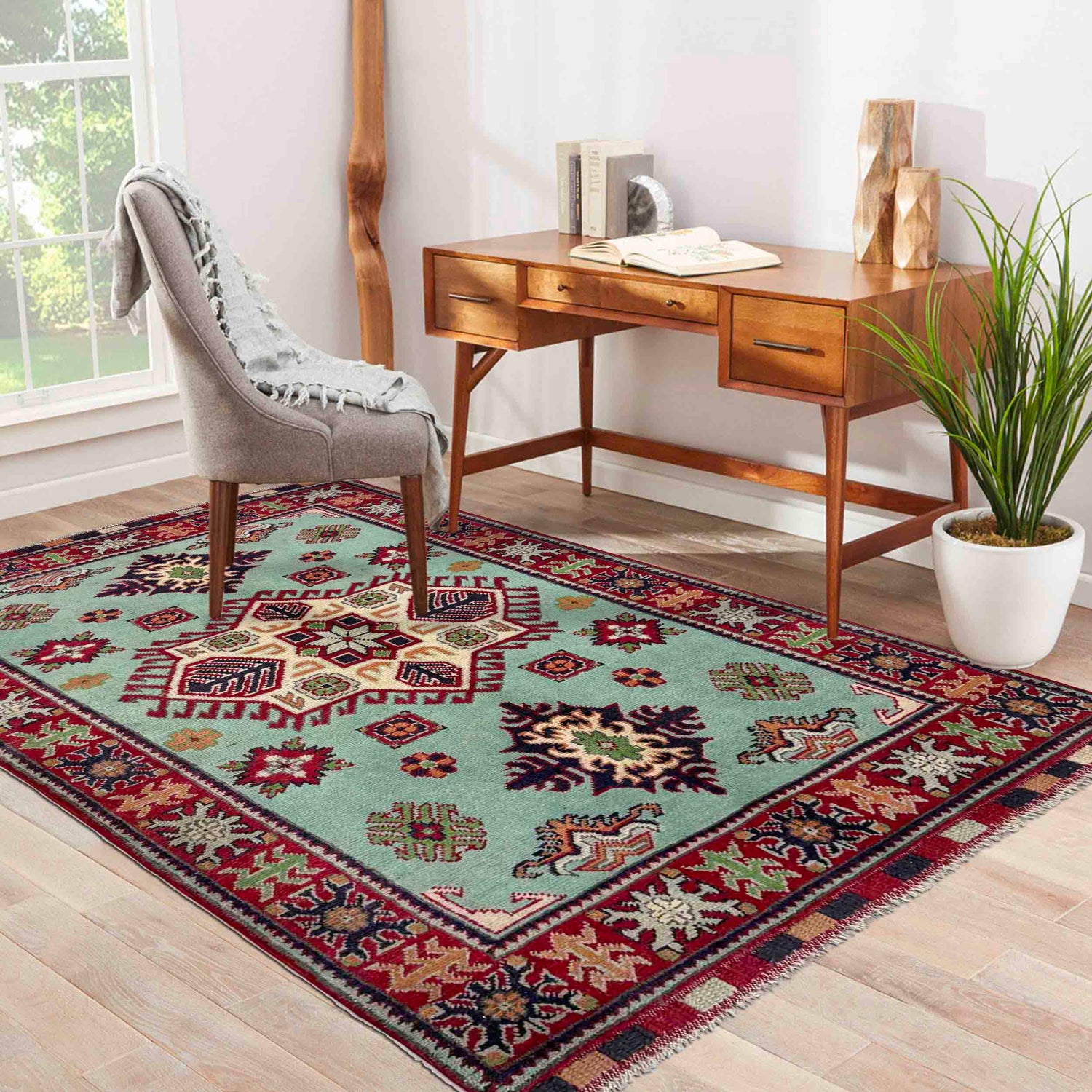 Kazak Rug Handmade Blue Medallion 3x5 ft