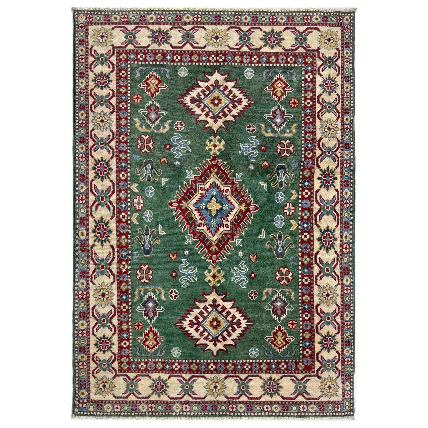 Kazak Rug Handmade Green Medallion 3x5 ft