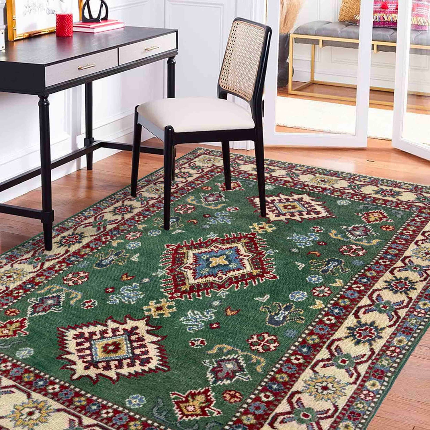 Kazak Rug Handmade Green Medallion 3x5 ft