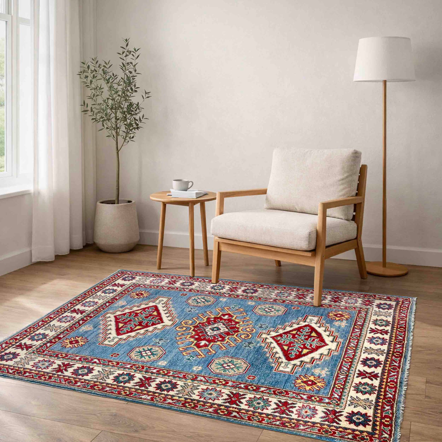 Kazak Rug Handmade Blue Medallion 3x5 ft