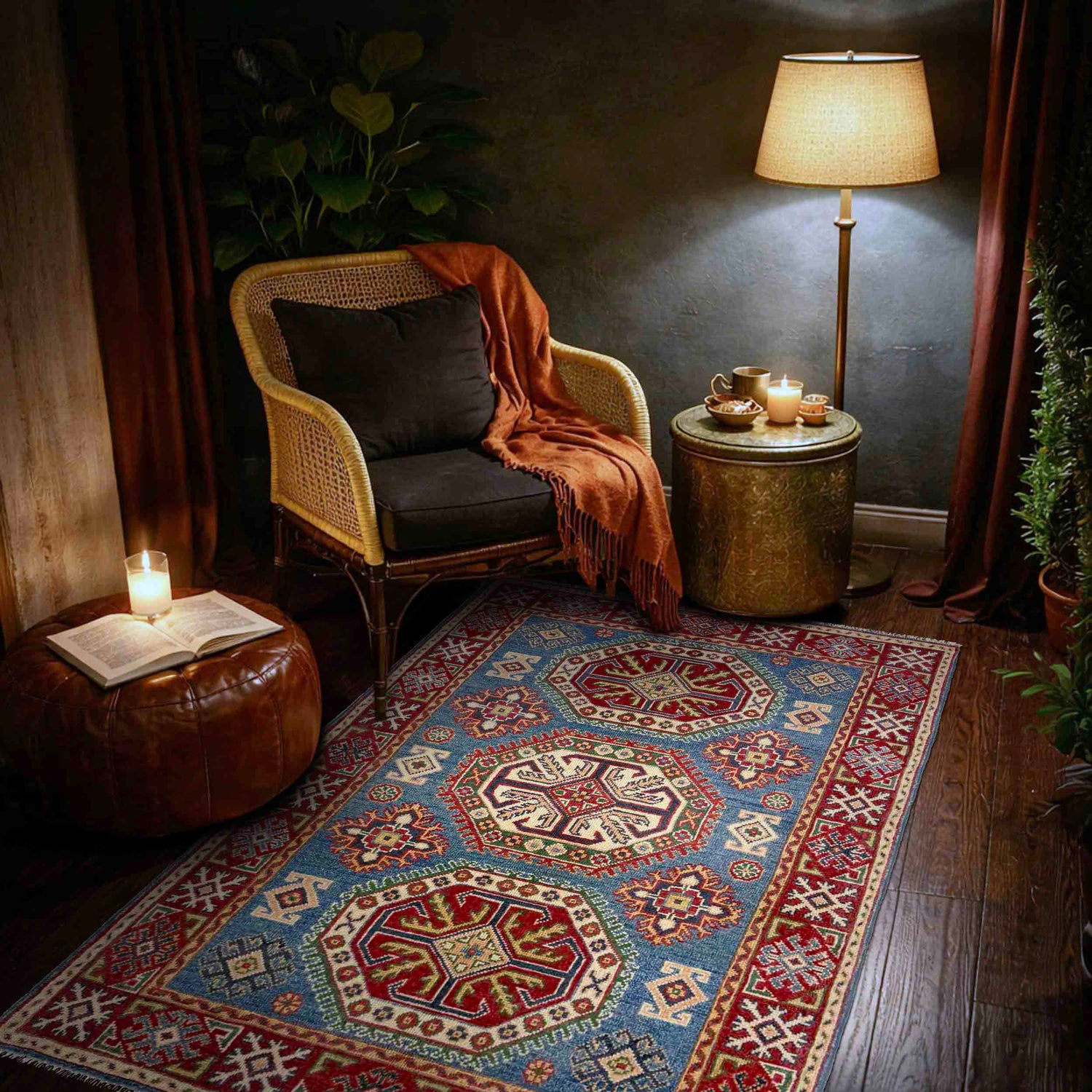 Kazak Rug Handmade Blue Medallion 3x5 ft