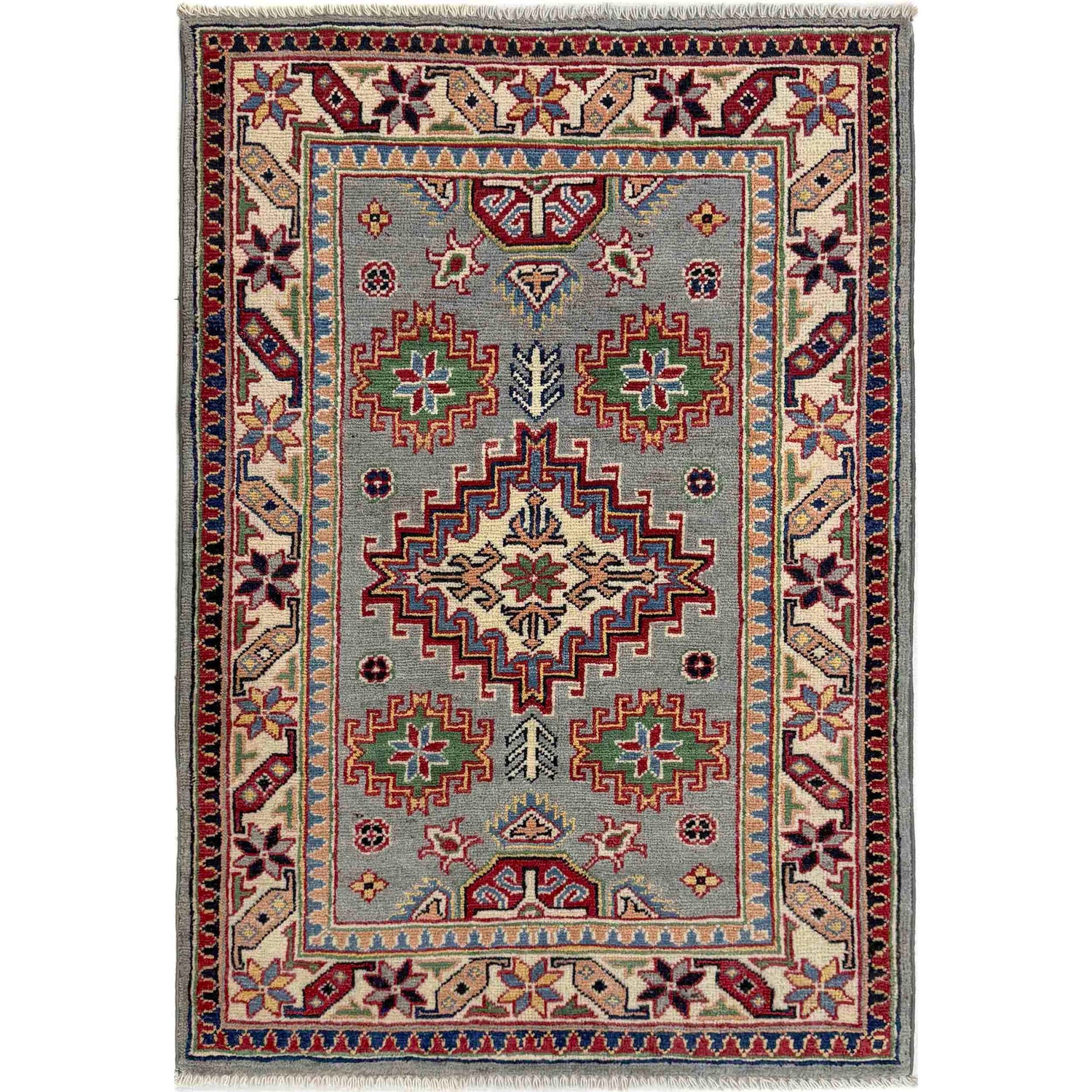 Kazak Rug Handmade Gray Medallion 2x4 ft