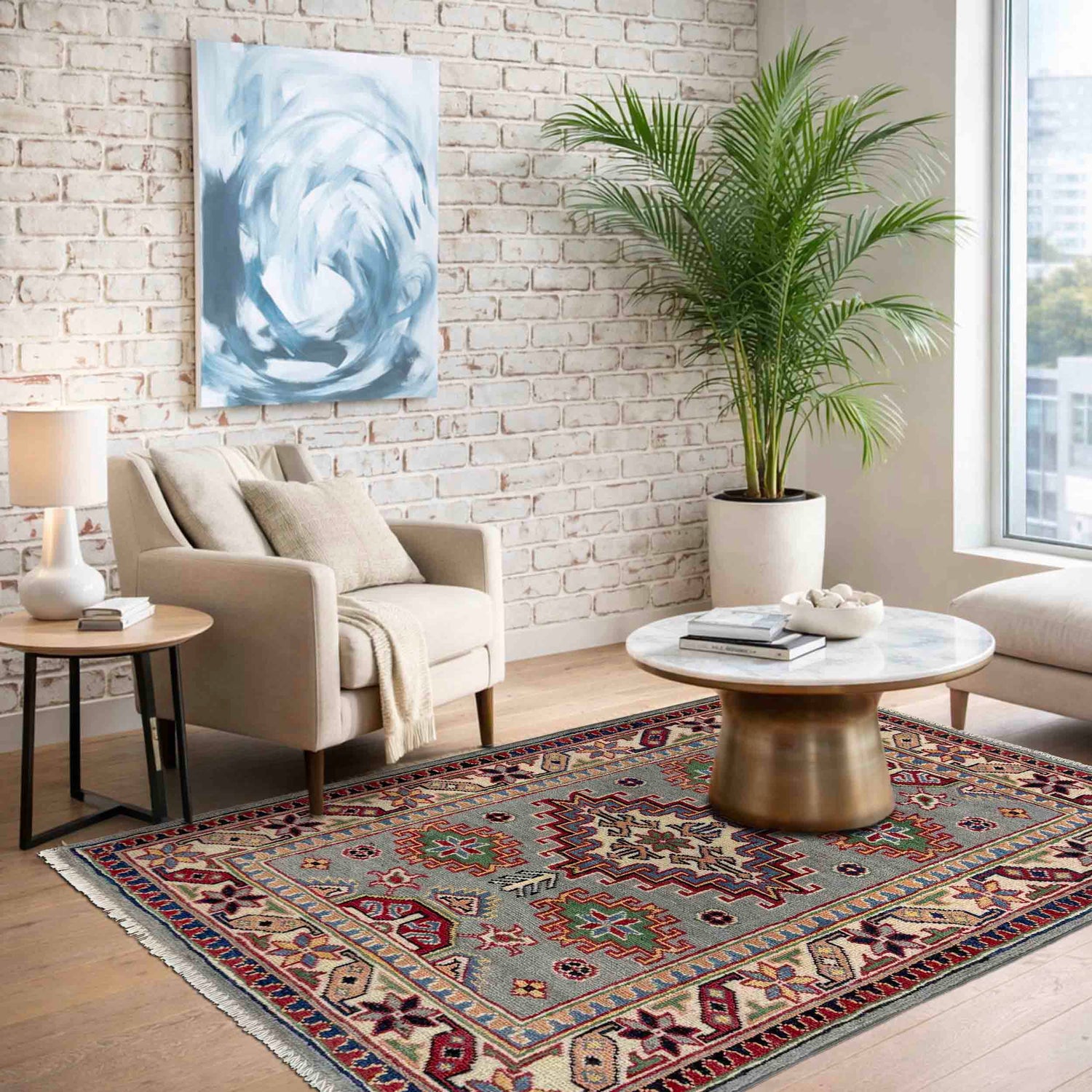 Kazak Rug Handmade Gray Medallion 2x4 ft