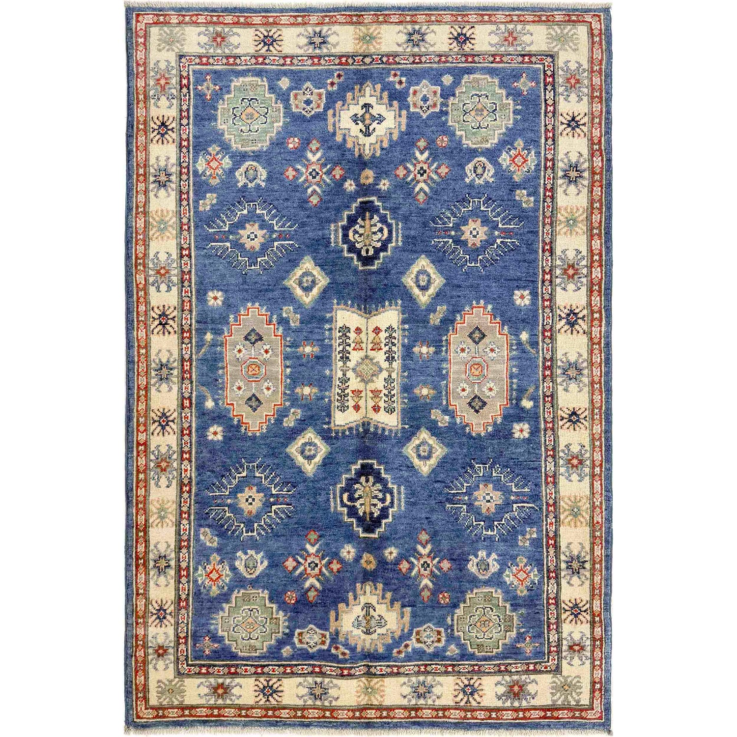Kazak Rug Handmade Blue Medallion 4x6 ft