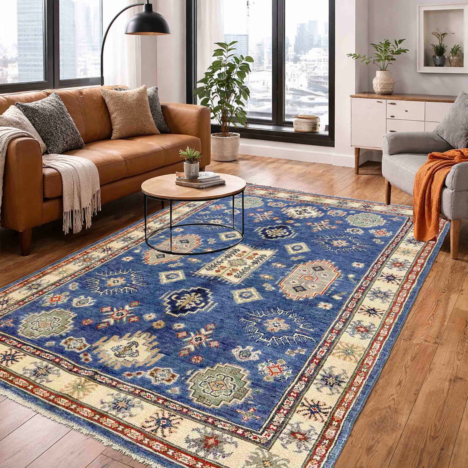 Kazak Rug Handmade Blue Medallion 4x6 ft