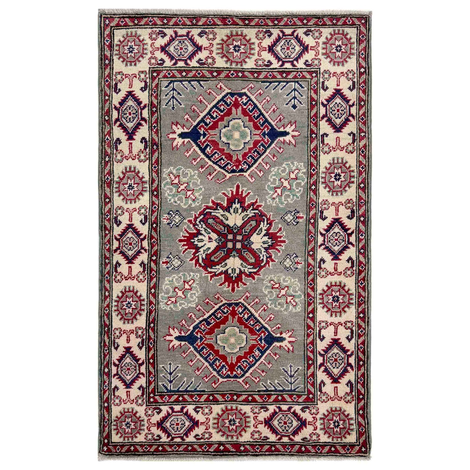 Kazak Rug Handmade Gray Medallion 2x4 ft