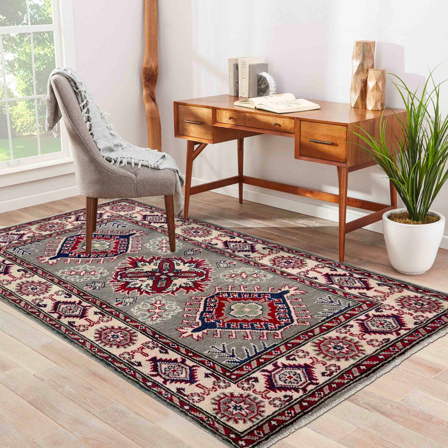 Kazak Rug Handmade Gray Medallion 2x4 ft