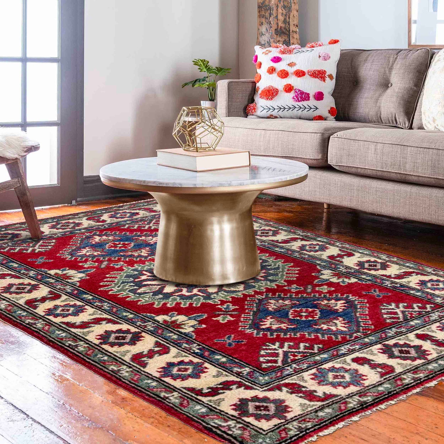 Kazak Rug Handmade Red Medallion 2x4 ft