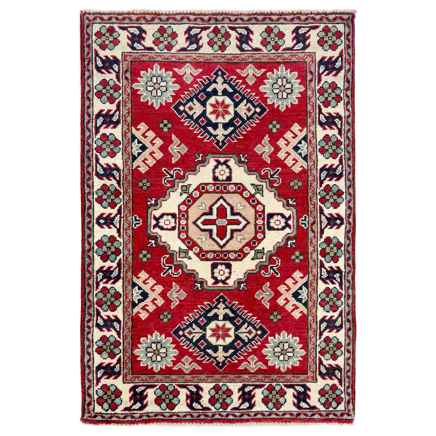 Kazak Rug Handmade Red Medallion 2x4 ft