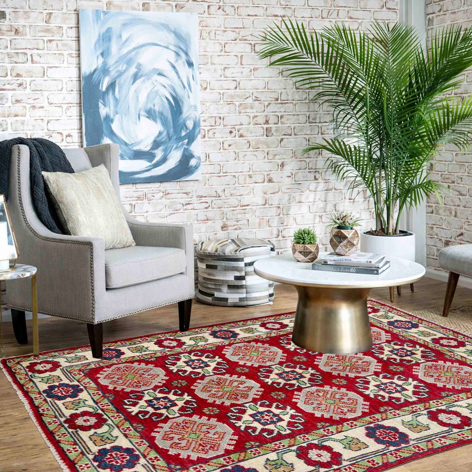 Kazak Rug Handmade Red Medallion 2x4 ft