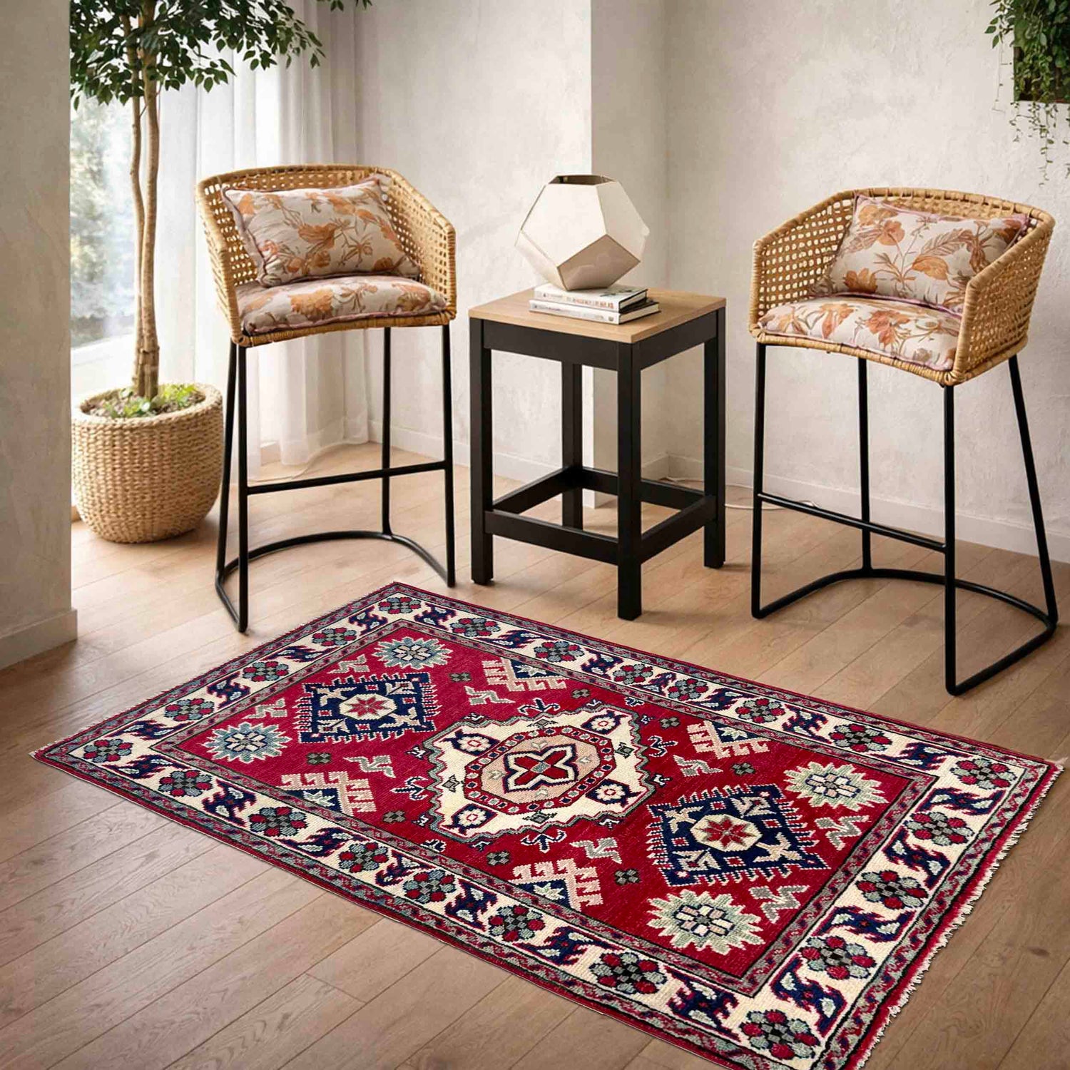Kazak Rug Handmade Red Medallion 2x4 ft