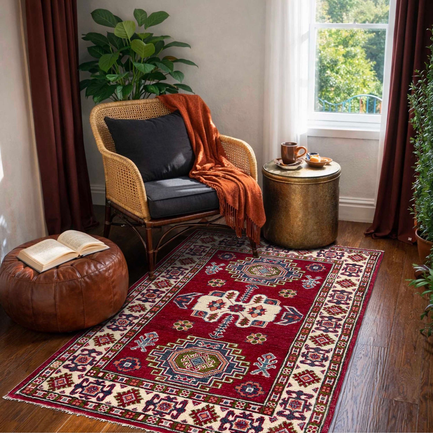 Kazak Rug Handmade Red Medallion 2x4 ft