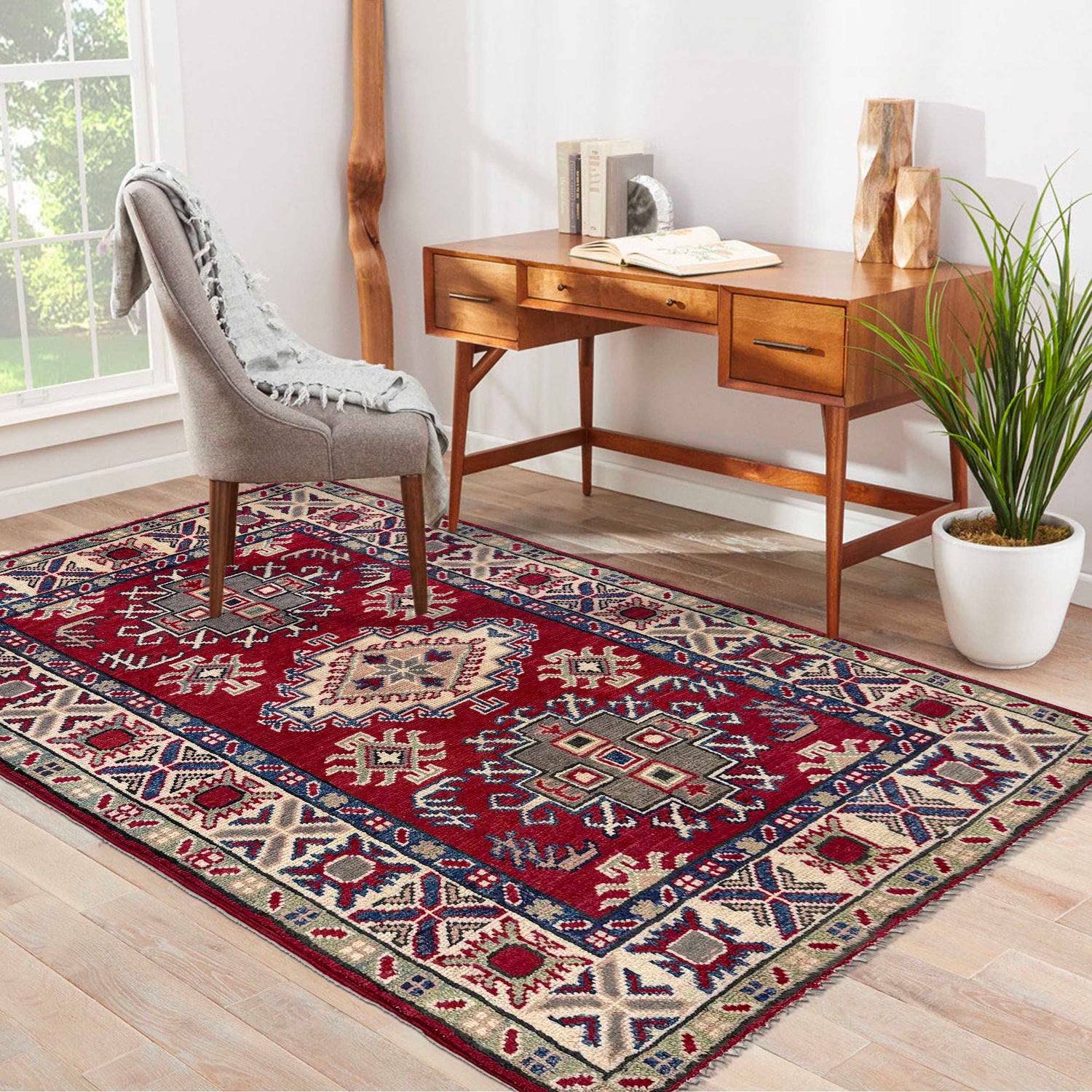 Kazak Rug Handmade Red Medallion 2x4 ft