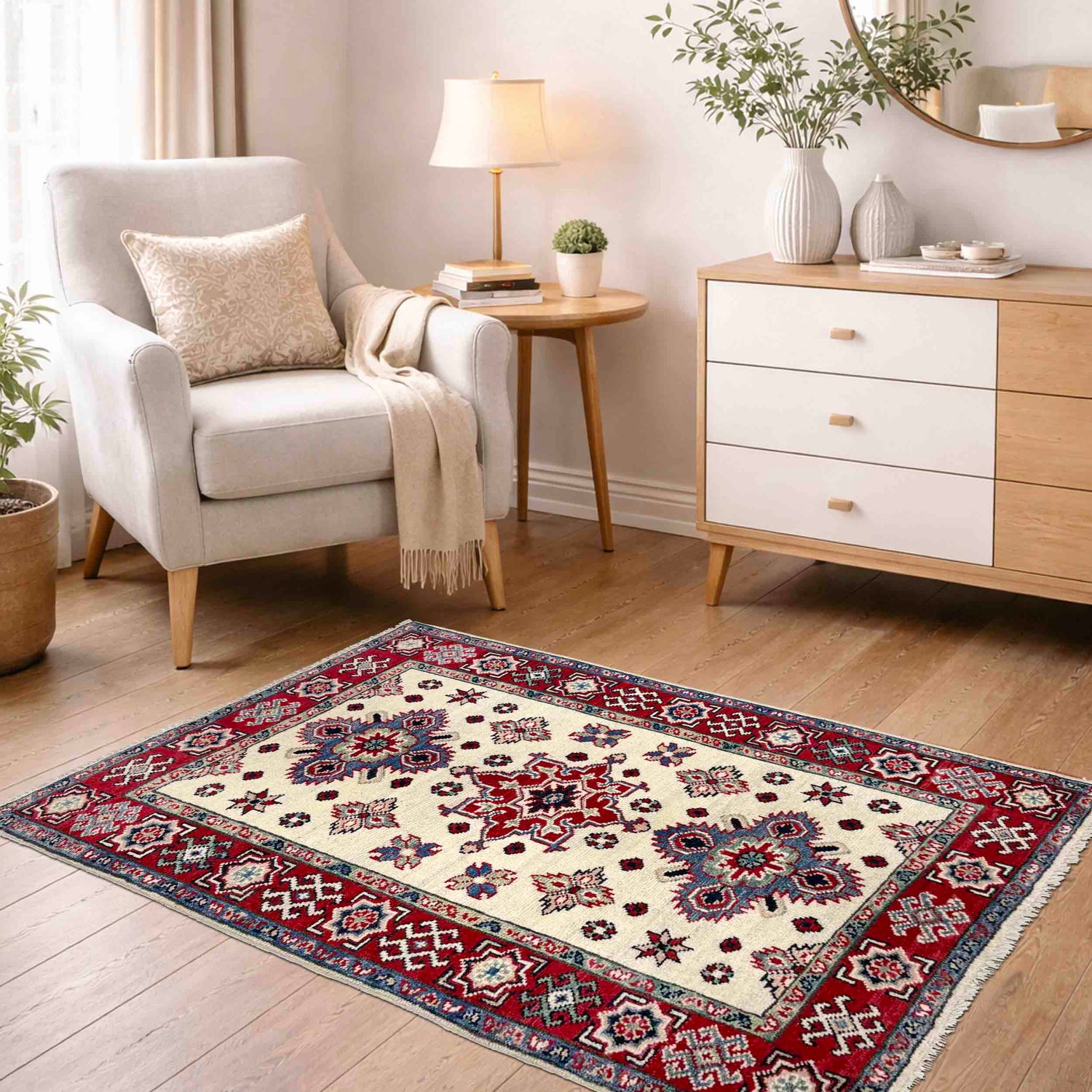Kazak Rug Handmade Beige Medallion 2x4 ft