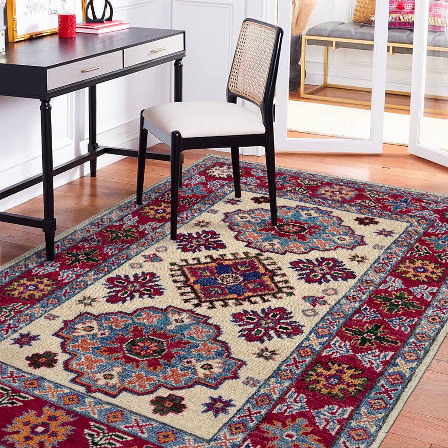 Kazak Rug Handmade Beige Medallion 2x4 ft