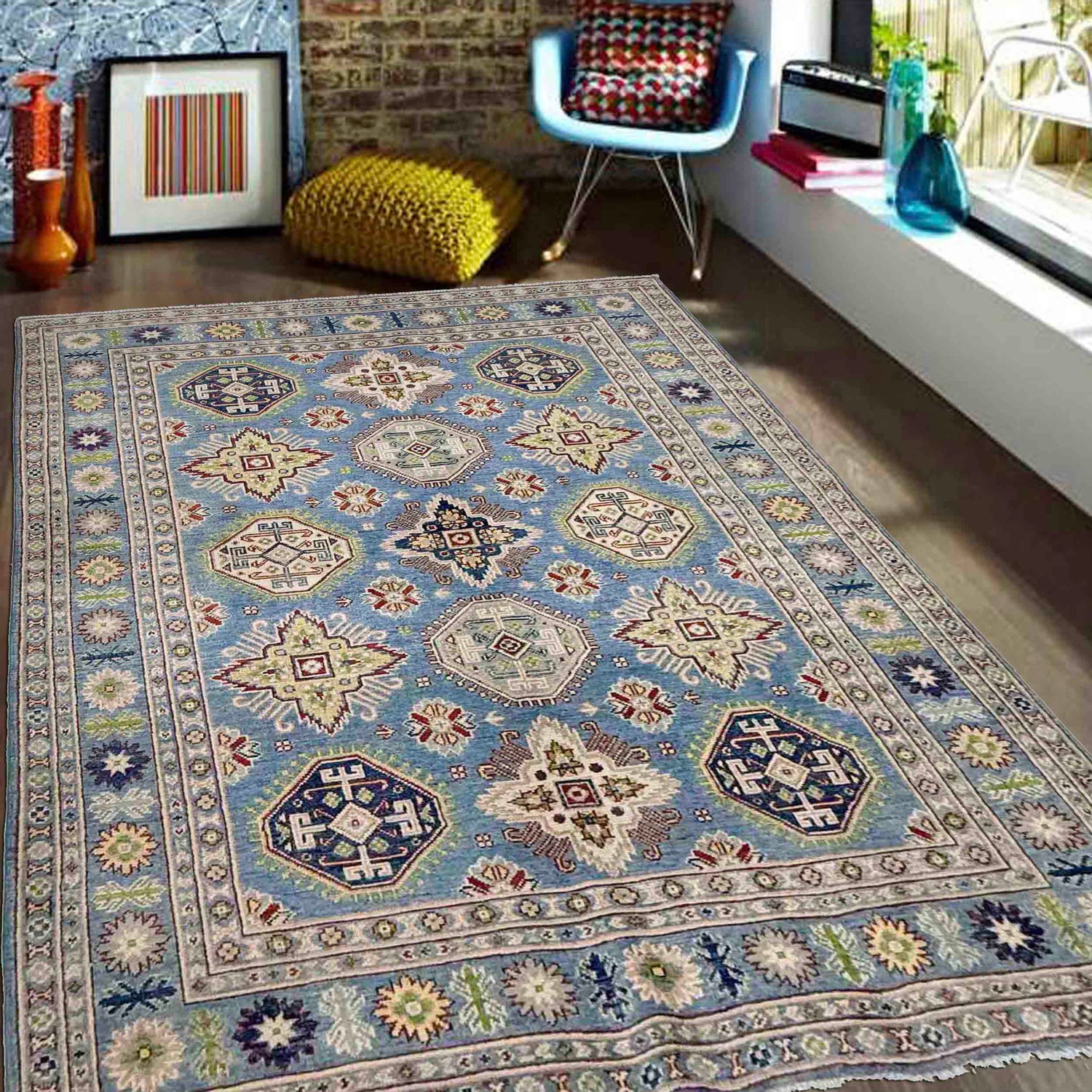 Kazak Rug Handmade Blue Medallion 4x7 ft