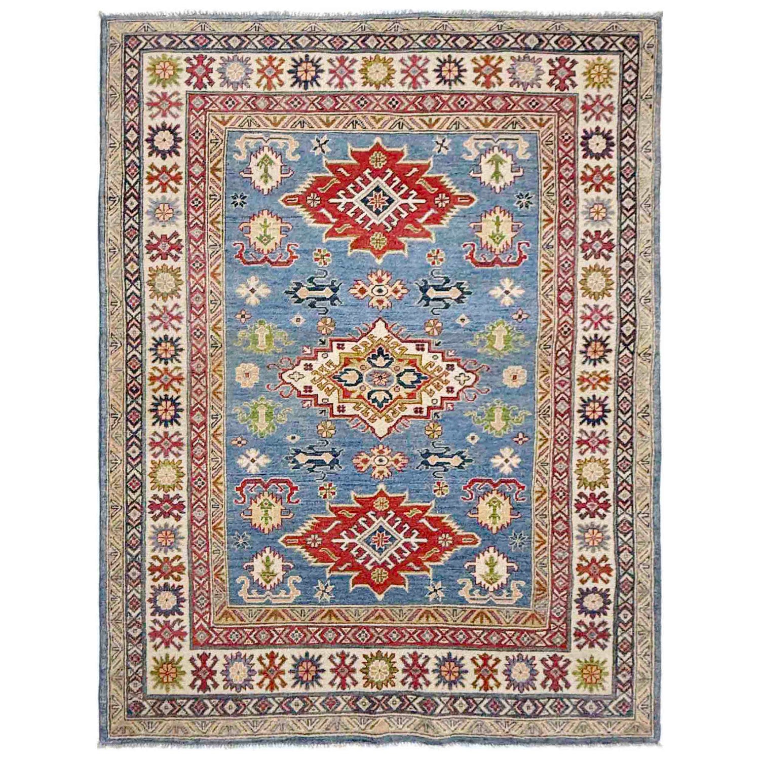 Kazak Rug Handmade Blue Medallion 4x7 ft