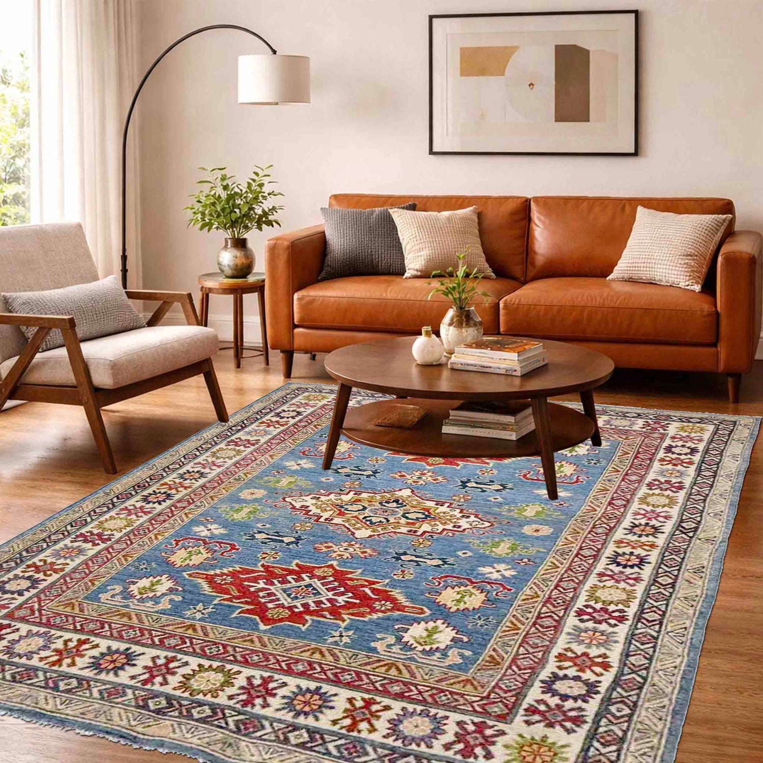 Kazak Rug Handmade Blue Medallion 4x7 ft