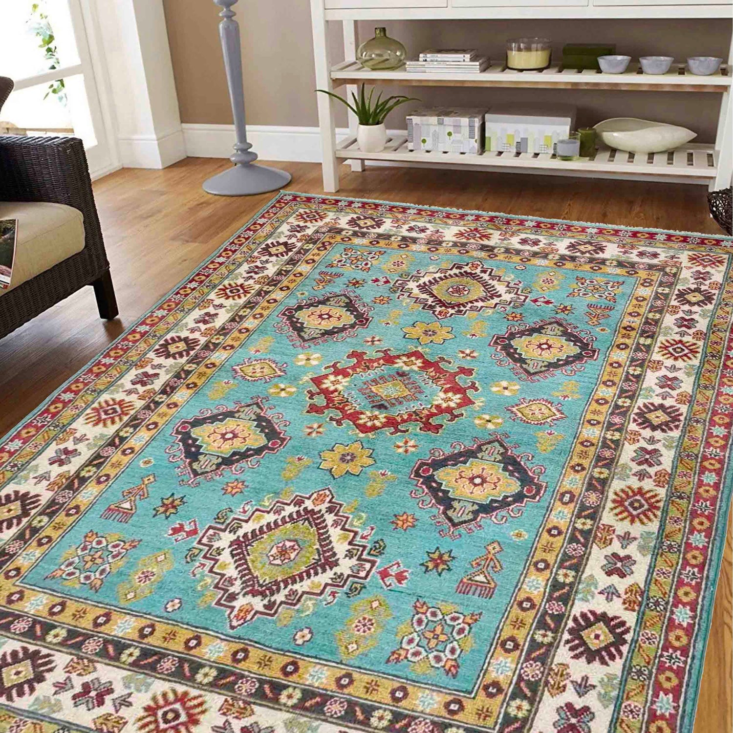 Kazak Rug Handmade Blue Medallion 4x7 ft