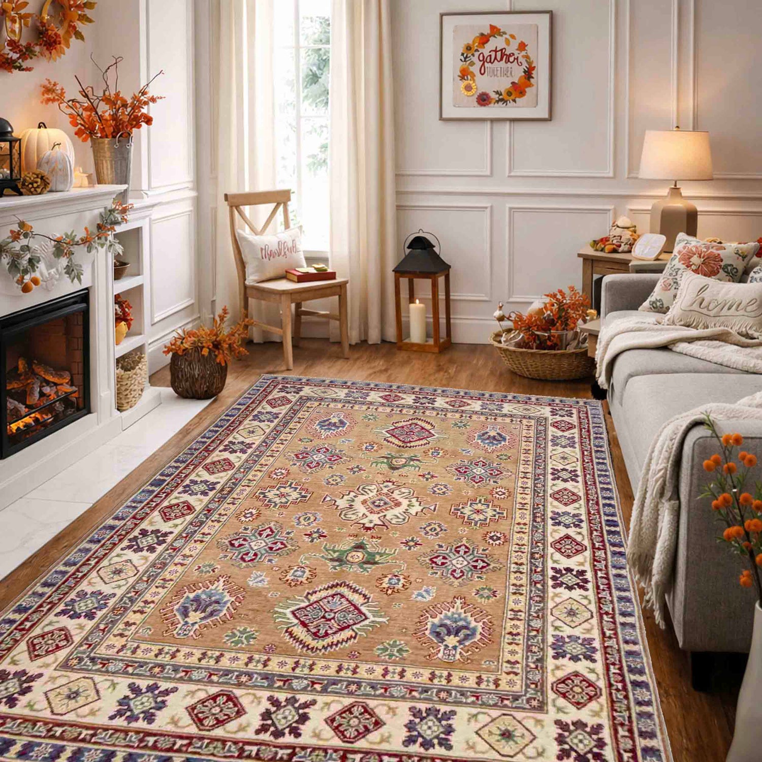 Kazak Rug Handmade Orange Medallion 4x7 ft