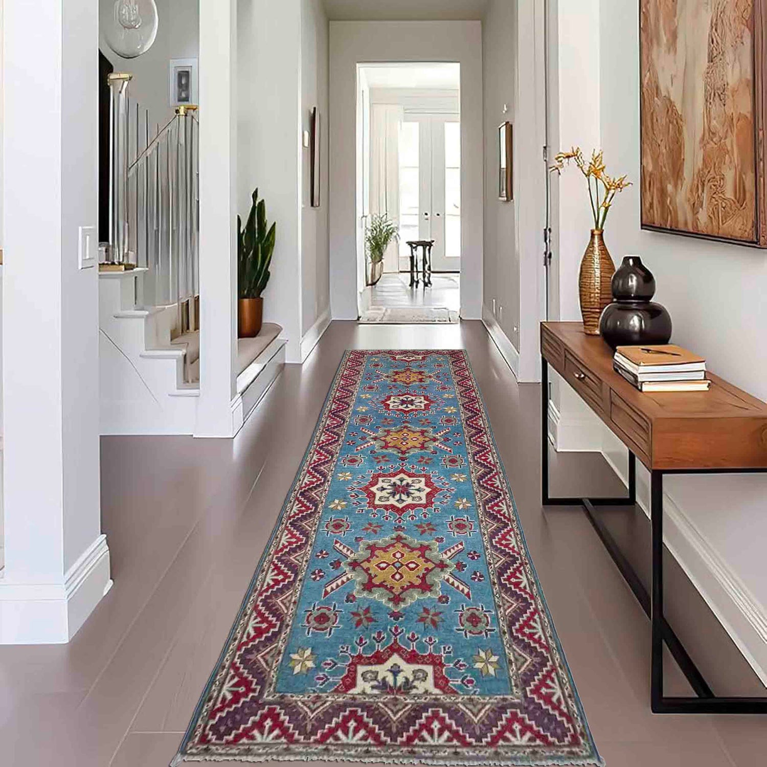 Kazak Rug Handmade Blue Medallion 10' Runner