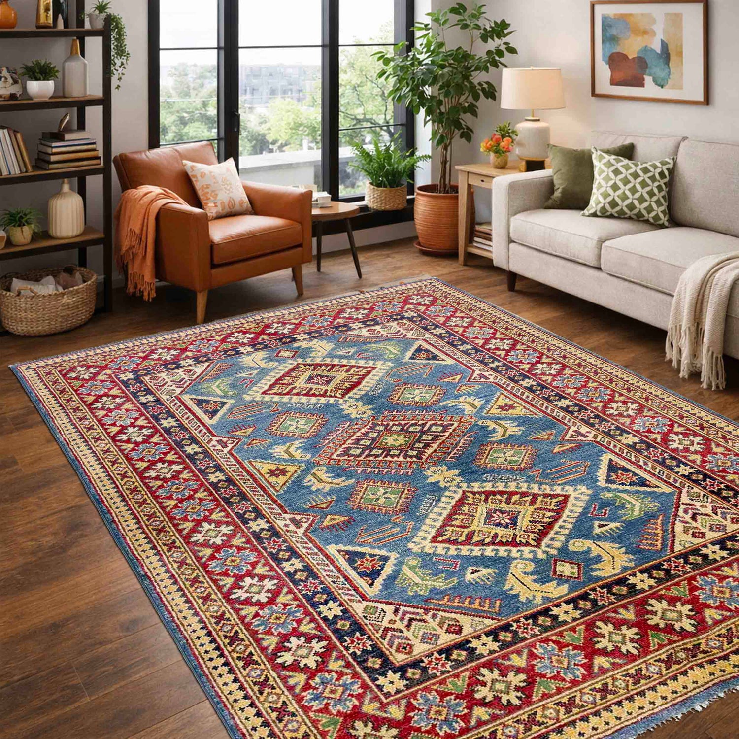 Kazak Rug Handmade Blue Medallion 4x6 ft