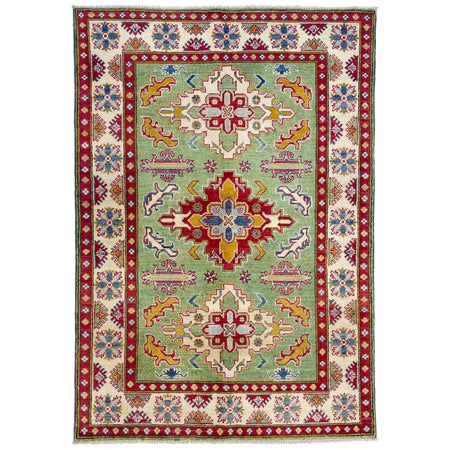 Kazak Rug Handmade Green Medallion 4x6 ft