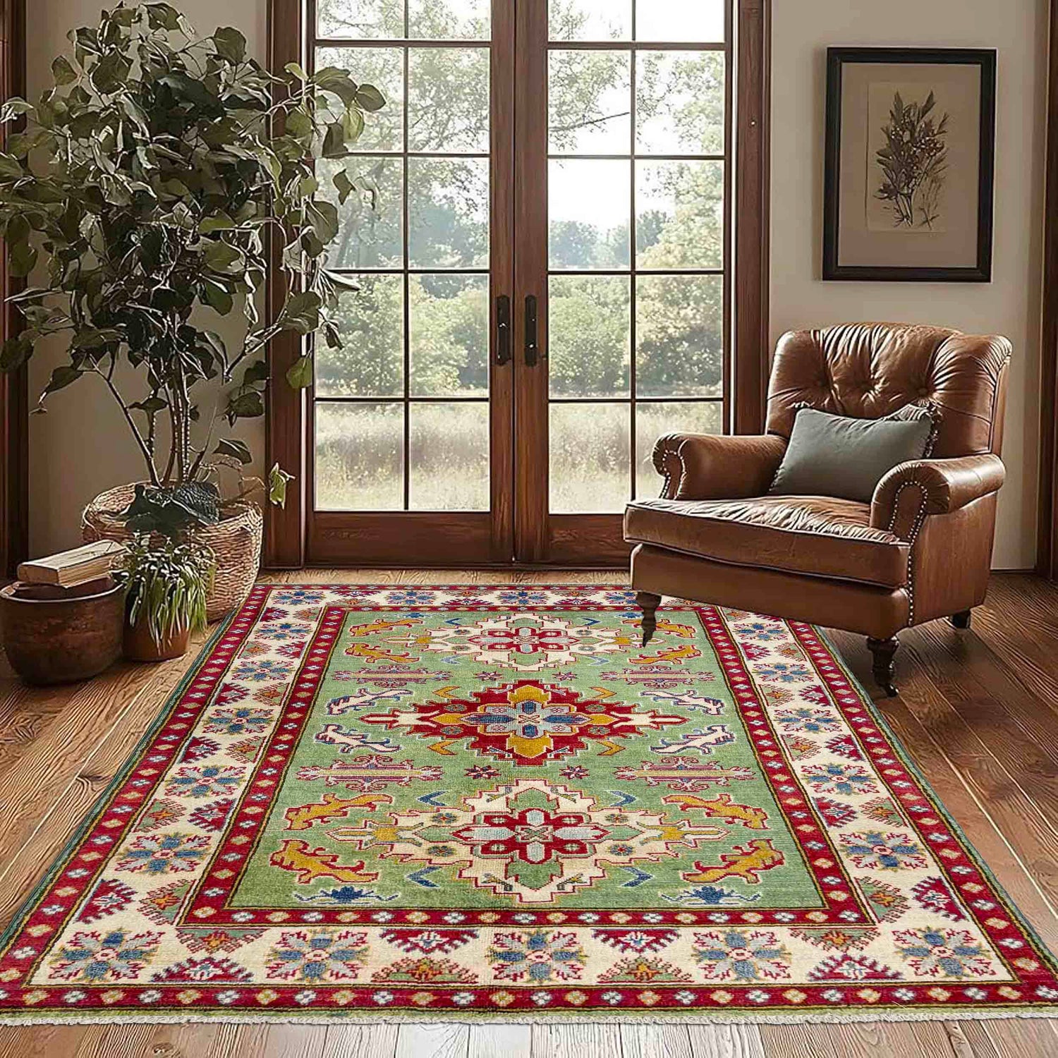 Kazak Rug Handmade Green Medallion 4x6 ft