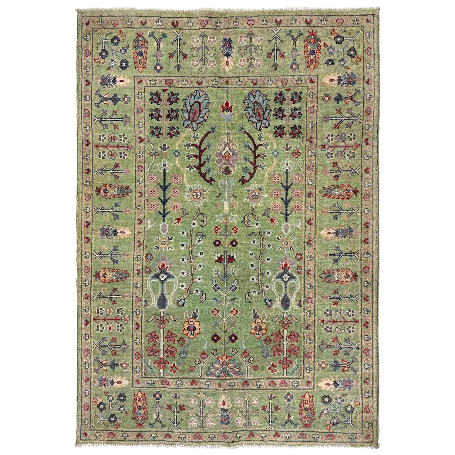 Tree Of Life Area Rug Handmade Green Floral 4x6 ft