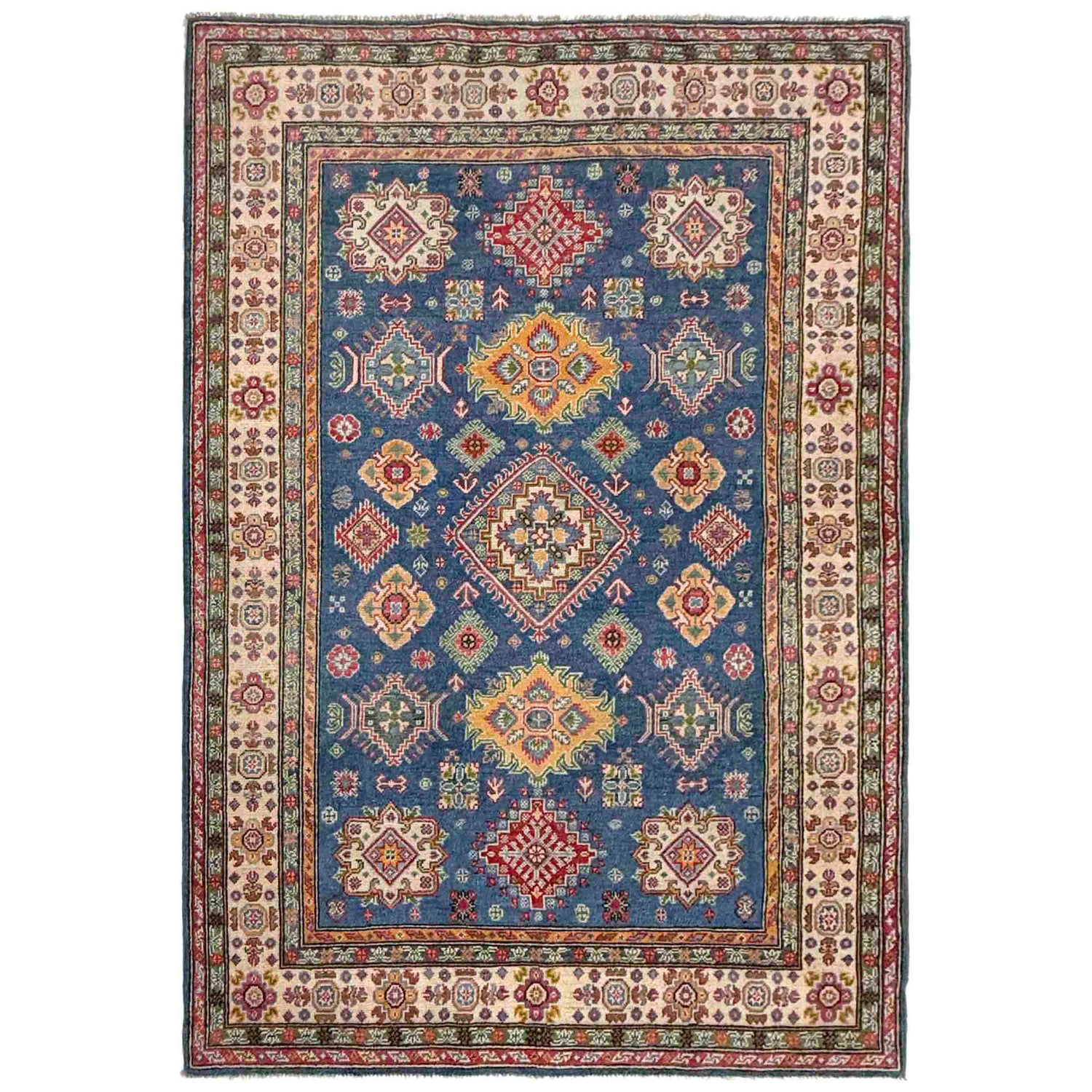 Kazak Rug Handmade Blue Medallion 4x7 ft
