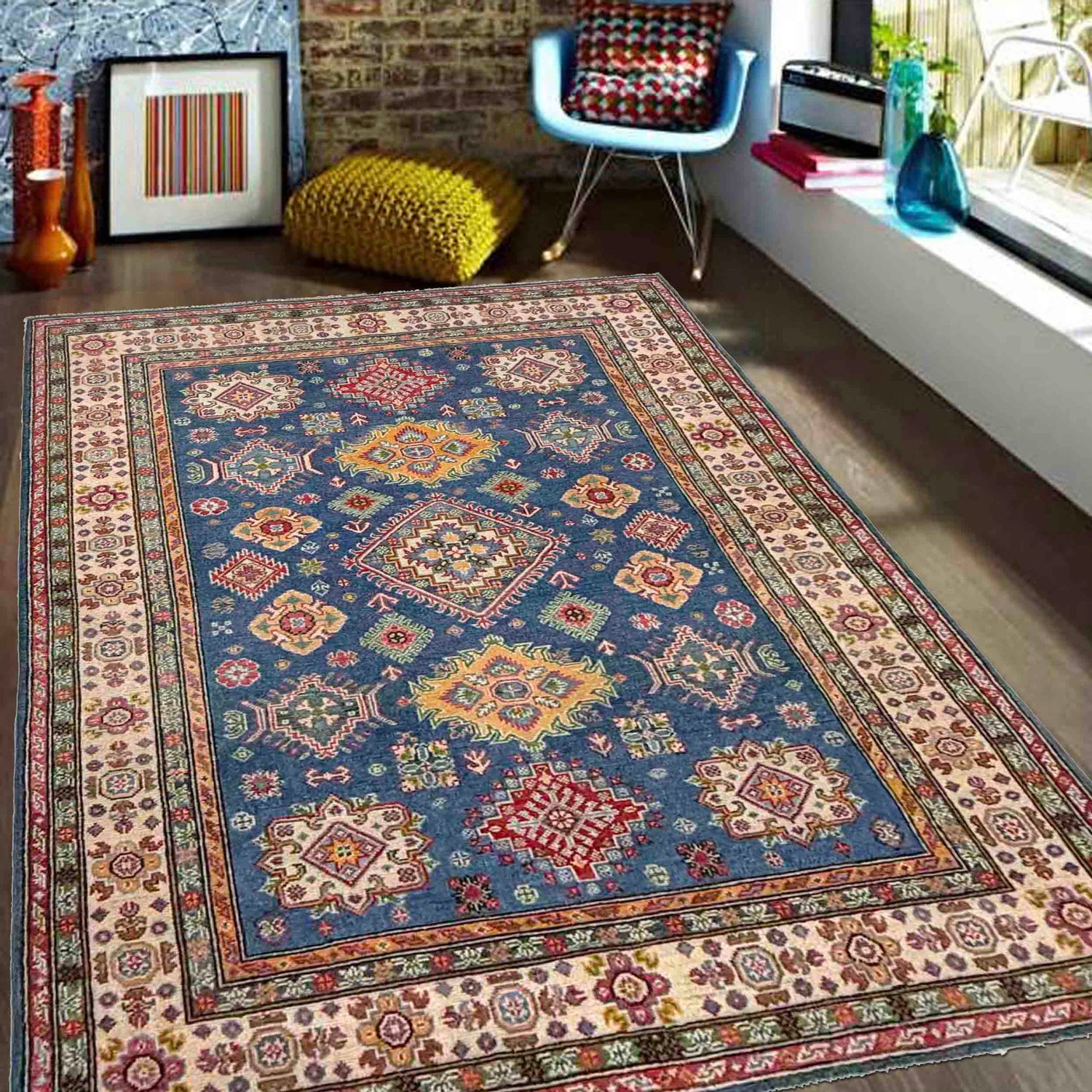 Kazak Rug Handmade Blue Medallion 4x7 ft