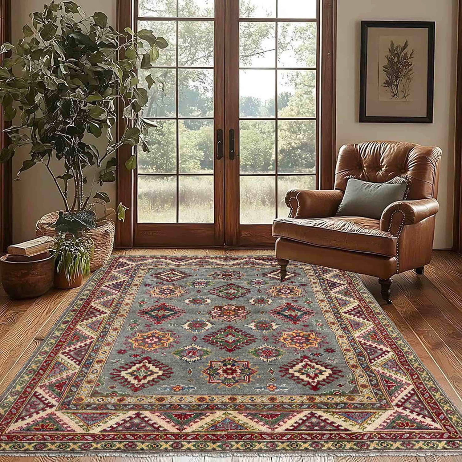 Kazak Rug Handmade Gray Medallion 4x7 ft